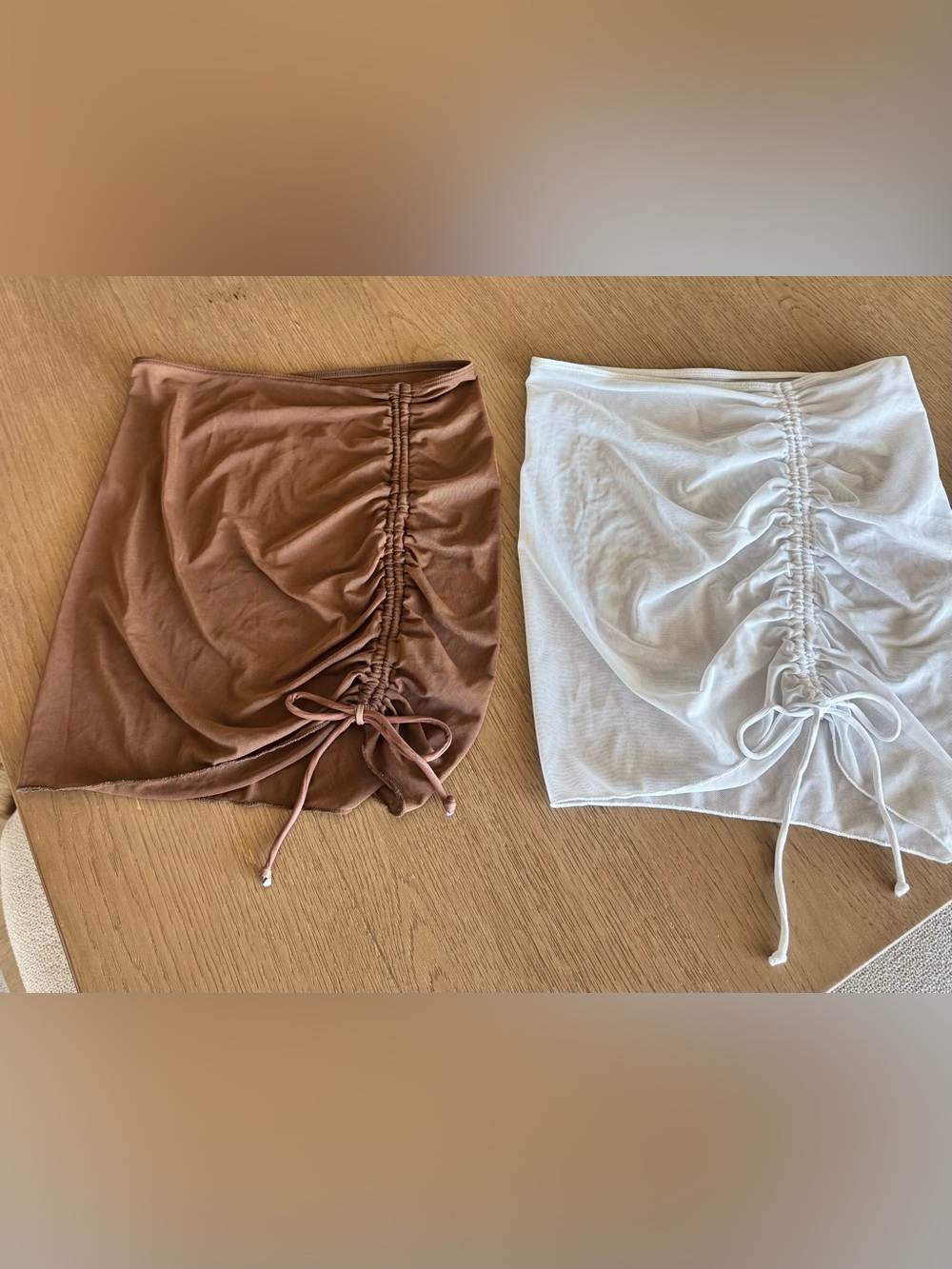 Ruched Mini Skirt Cover up with Tie Detail - Brown and White
